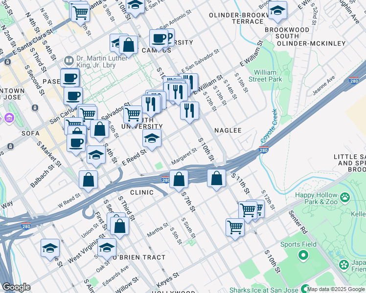 map of restaurants, bars, coffee shops, grocery stores, and more near 637 South 9th Street in San Jose
