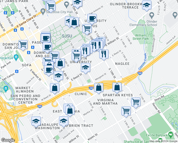 map of restaurants, bars, coffee shops, grocery stores, and more near 340 East Reed Street in San Jose