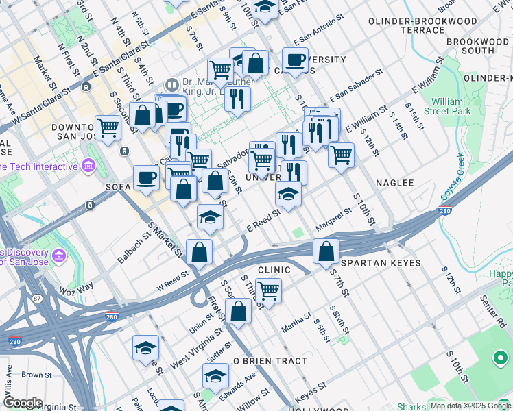 map of restaurants, bars, coffee shops, grocery stores, and more near in San Jose