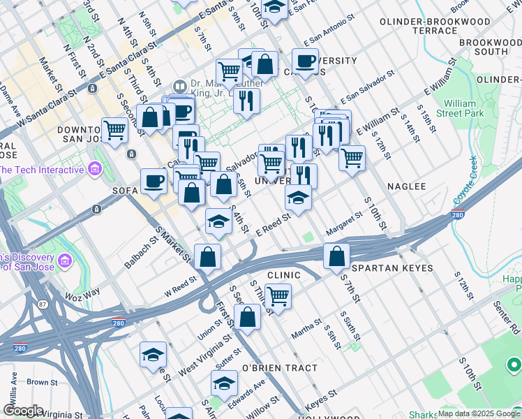 map of restaurants, bars, coffee shops, grocery stores, and more near in San Jose