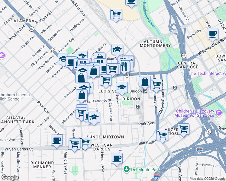 map of restaurants, bars, coffee shops, grocery stores, and more near 46 Sunol Street in San Jose