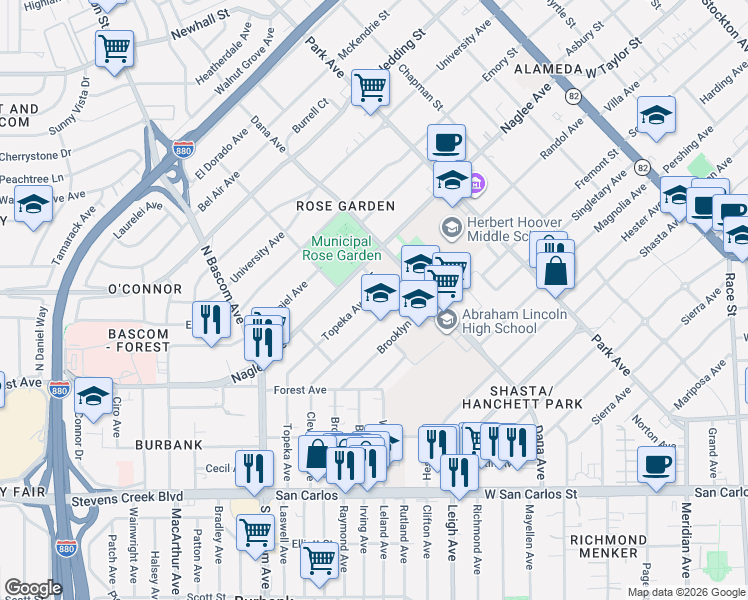 map of restaurants, bars, coffee shops, grocery stores, and more near 1659 Topeka Avenue in San Jose
