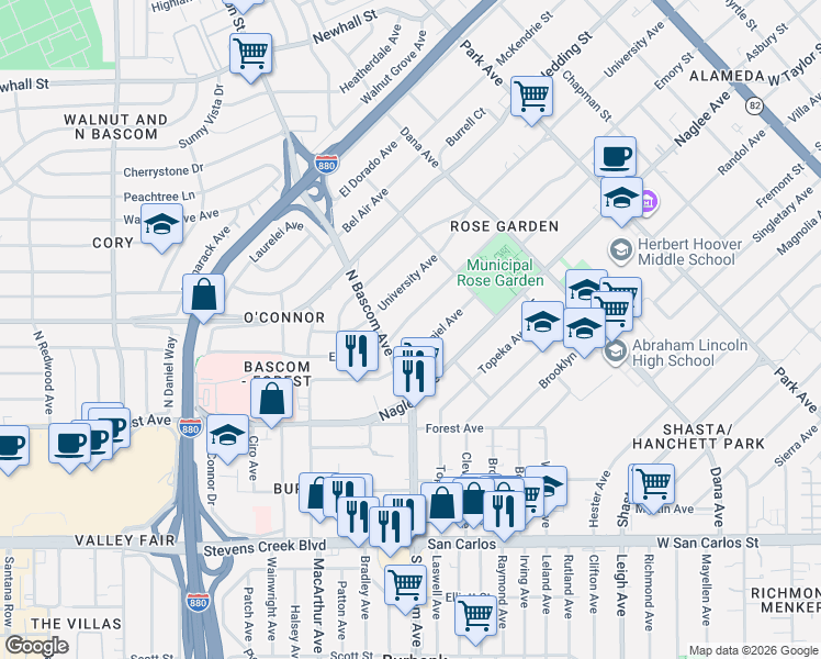 map of restaurants, bars, coffee shops, grocery stores, and more near 1871 Emory Street in San Jose