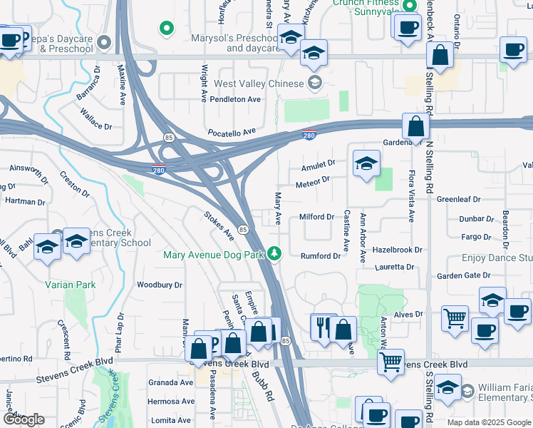map of restaurants, bars, coffee shops, grocery stores, and more near 10479 Mary Avenue in Cupertino