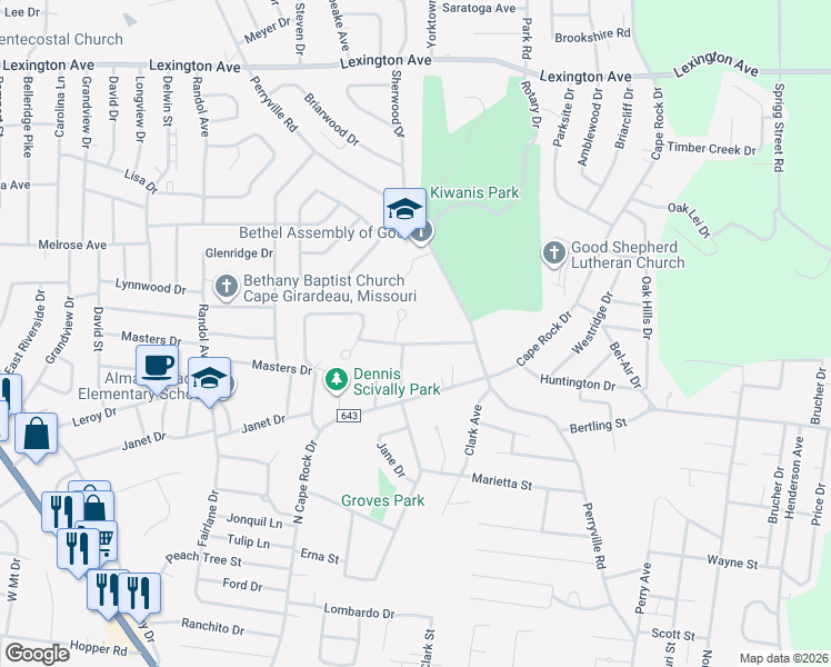 map of restaurants, bars, coffee shops, grocery stores, and more near 2218 Brookwood Drive in Cape Girardeau