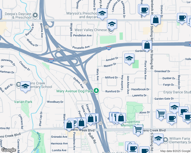 map of restaurants, bars, coffee shops, grocery stores, and more near 10405 Mary Avenue in Cupertino