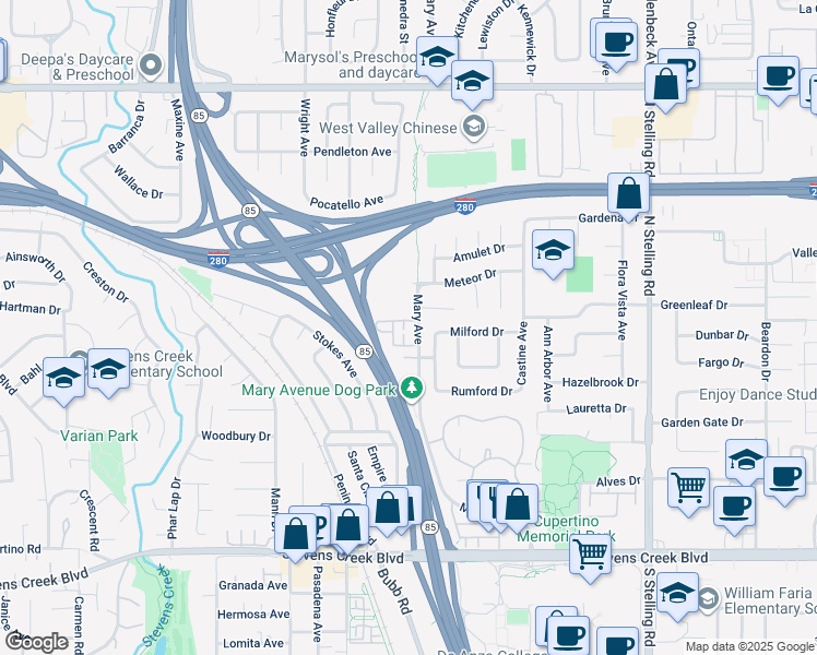 map of restaurants, bars, coffee shops, grocery stores, and more near 10405 Mary Avenue in Cupertino