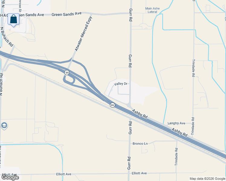 map of restaurants, bars, coffee shops, grocery stores, and more near 2402 Valley Drive in Atwater