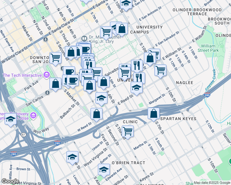 map of restaurants, bars, coffee shops, grocery stores, and more near 535 South 5th Street in San Jose