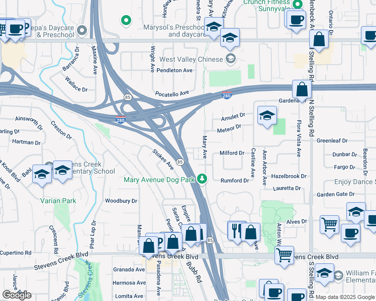 map of restaurants, bars, coffee shops, grocery stores, and more near 10479 Mary Avenue in Cupertino