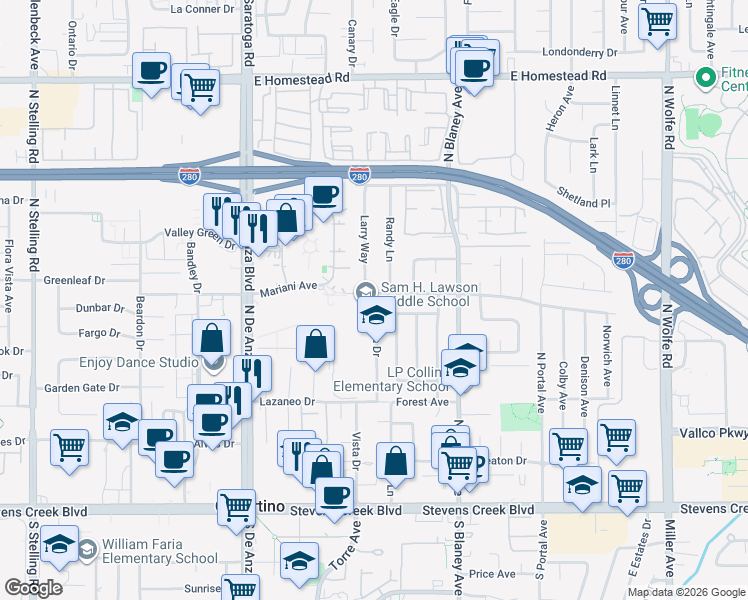 map of restaurants, bars, coffee shops, grocery stores, and more near 10401 Vista Drive in Cupertino