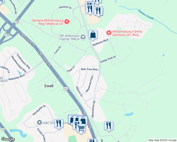 map of restaurants, bars, coffee shops, grocery stores, and more near 129 Indian Summer Lane in Williamsburg