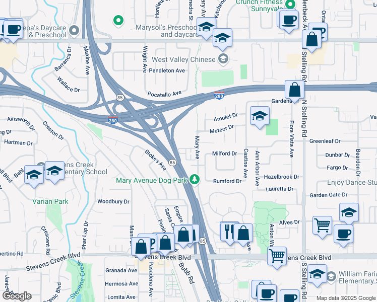 map of restaurants, bars, coffee shops, grocery stores, and more near 10479 Mary Avenue in Cupertino