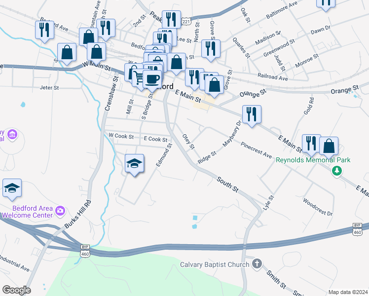 map of restaurants, bars, coffee shops, grocery stores, and more near 515 South Street in Bedford