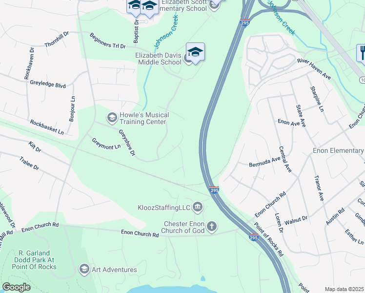 map of restaurants, bars, coffee shops, grocery stores, and more near 819 Greyshire Drive in Chester