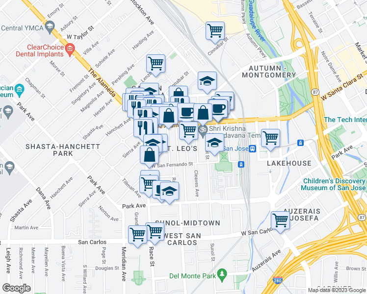map of restaurants, bars, coffee shops, grocery stores, and more near 49 South Morrison Avenue in San Jose