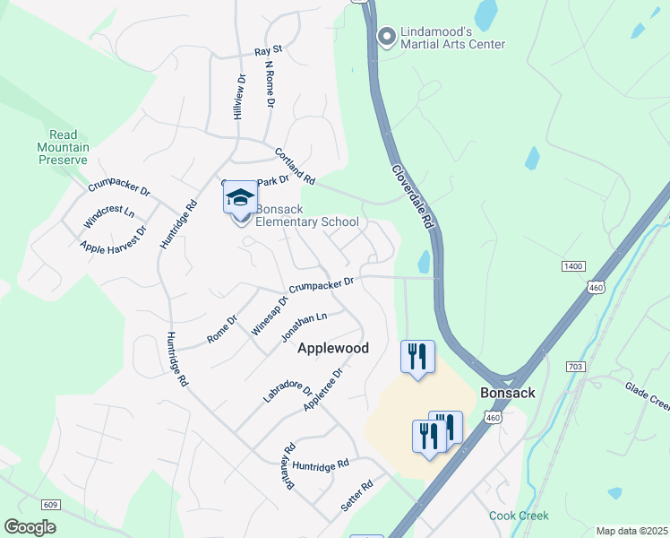 map of restaurants, bars, coffee shops, grocery stores, and more near 5307 Orchard Villas Circle in Roanoke