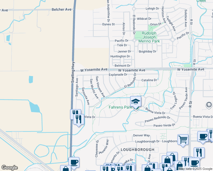 map of restaurants, bars, coffee shops, grocery stores, and more near 3570 Santa Maria Avenue in Merced
