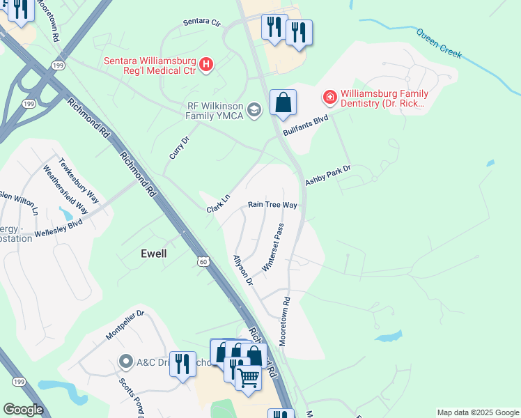 map of restaurants, bars, coffee shops, grocery stores, and more near 126 Indian Summer Lane in Williamsburg