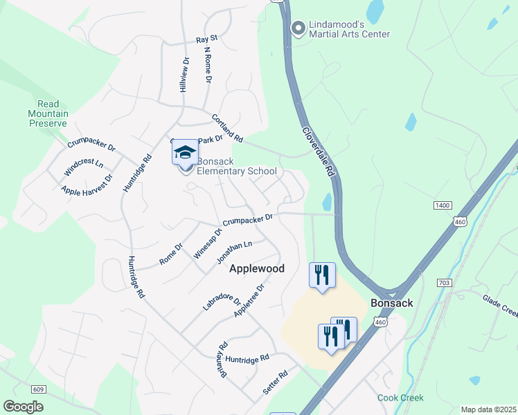 map of restaurants, bars, coffee shops, grocery stores, and more near 5307 Orchard Villas Circle in Roanoke