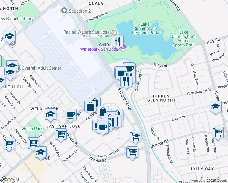 map of restaurants, bars, coffee shops, grocery stores, and more near 2382-2420 Tully Road in San Jose
