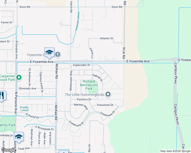 map of restaurants, bars, coffee shops, grocery stores, and more near 2391 Gabriel Drive in Merced