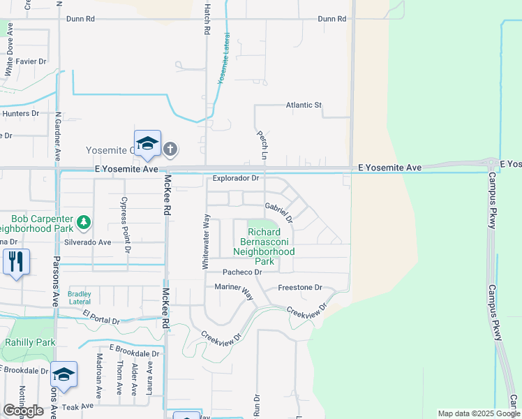 map of restaurants, bars, coffee shops, grocery stores, and more near 2391 Gabriel Drive in Merced