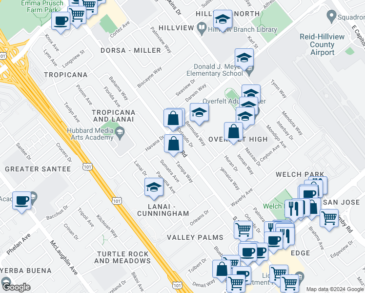 map of restaurants, bars, coffee shops, grocery stores, and more near 1867 Orlando Drive in San Jose
