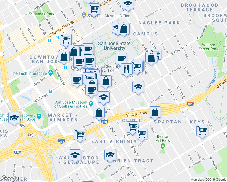 map of restaurants, bars, coffee shops, grocery stores, and more near 499 South 5th Street in San Jose