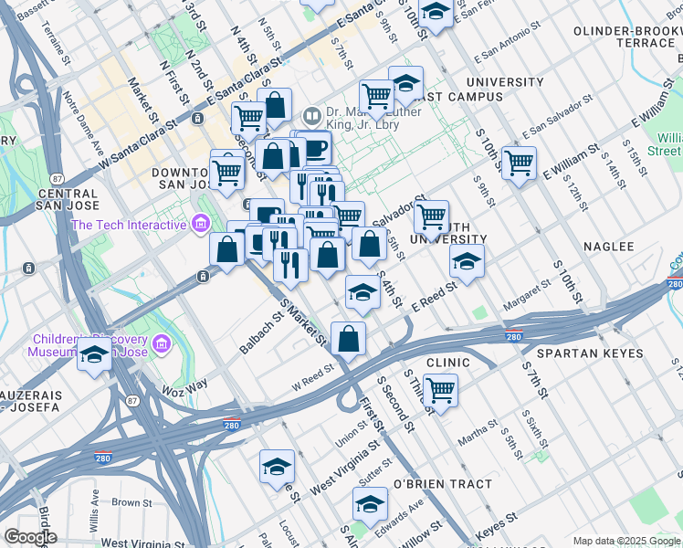 map of restaurants, bars, coffee shops, grocery stores, and more near in San Jose
