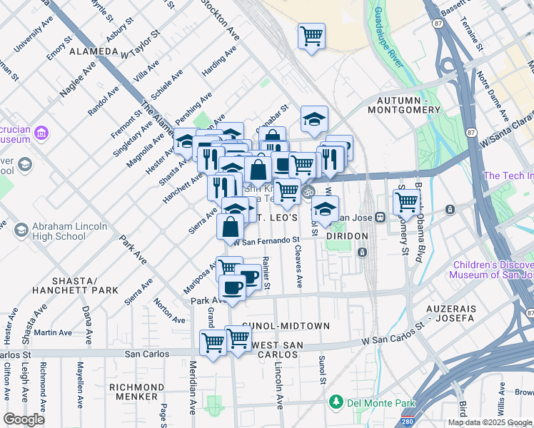 map of restaurants, bars, coffee shops, grocery stores, and more near in San Jose