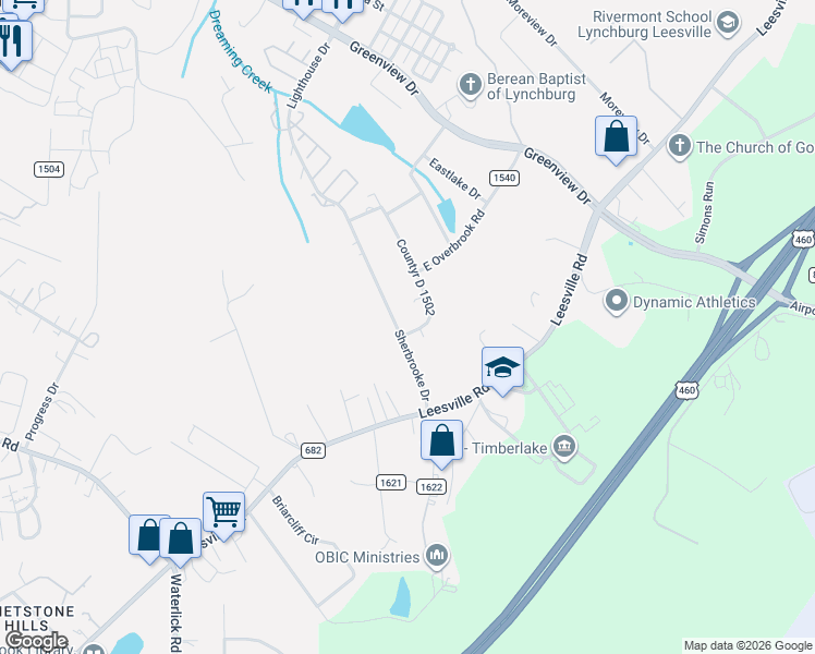 map of restaurants, bars, coffee shops, grocery stores, and more near 209 Sherbrooke Drive in Lynchburg