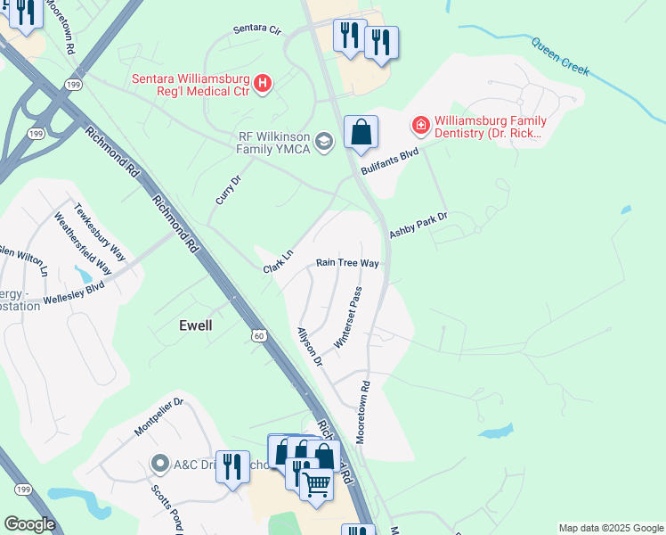 map of restaurants, bars, coffee shops, grocery stores, and more near 126 Indian Summer Lane in Williamsburg