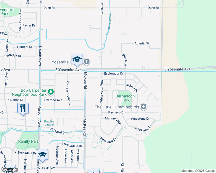 map of restaurants, bars, coffee shops, grocery stores, and more near 2338 Malaspina Drive in Merced