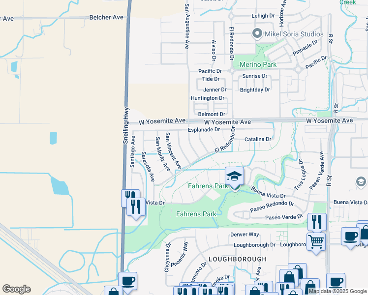 map of restaurants, bars, coffee shops, grocery stores, and more near 3570 Santa Maria Avenue in Merced