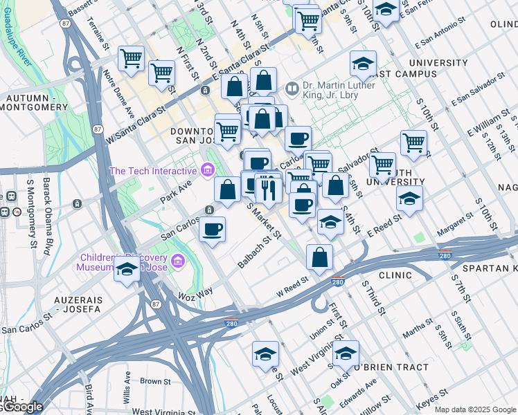 map of restaurants, bars, coffee shops, grocery stores, and more near 349 South 1st Street in San Jose