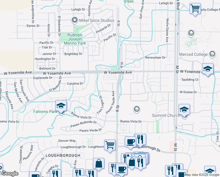 map of restaurants, bars, coffee shops, grocery stores, and more near 3529 Paseo Verde Avenue in Merced
