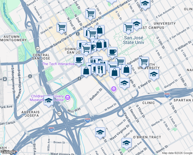 map of restaurants, bars, coffee shops, grocery stores, and more near 350 South Market Street in San Jose
