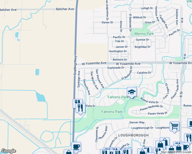 map of restaurants, bars, coffee shops, grocery stores, and more near 3577 San Vincent Avenue in Merced