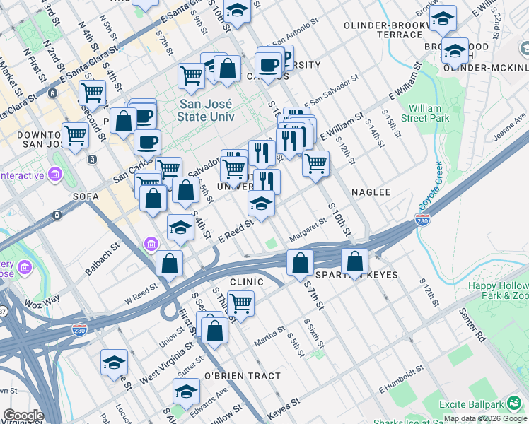 map of restaurants, bars, coffee shops, grocery stores, and more near in San Jose