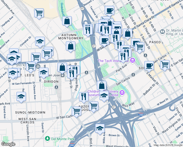 map of restaurants, bars, coffee shops, grocery stores, and more near 398 West San Fernando Street in San Jose