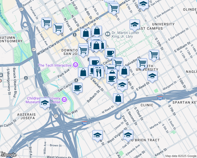 map of restaurants, bars, coffee shops, grocery stores, and more near 349 South 1st Street in San Jose