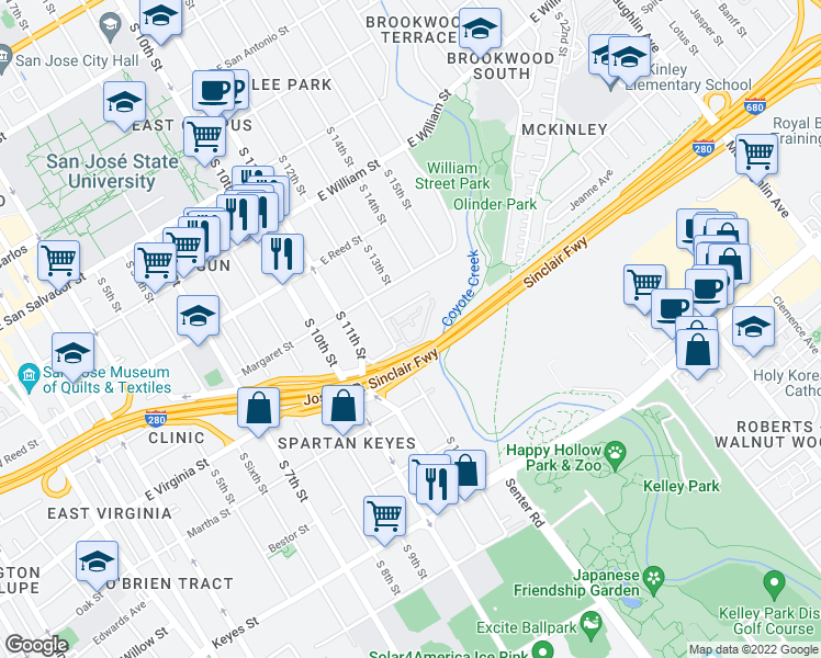 map of restaurants, bars, coffee shops, grocery stores, and more near 656 Oak Terrace in San Jose