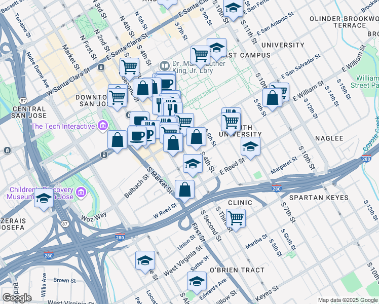 map of restaurants, bars, coffee shops, grocery stores, and more near 465 South 4th Street in San Jose
