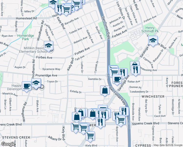 map of restaurants, bars, coffee shops, grocery stores, and more near 2662 Tuliptree Lane in Santa Clara