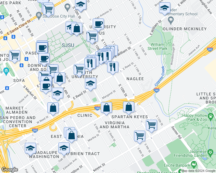 map of restaurants, bars, coffee shops, grocery stores, and more near 637 South 9th Street in San Jose