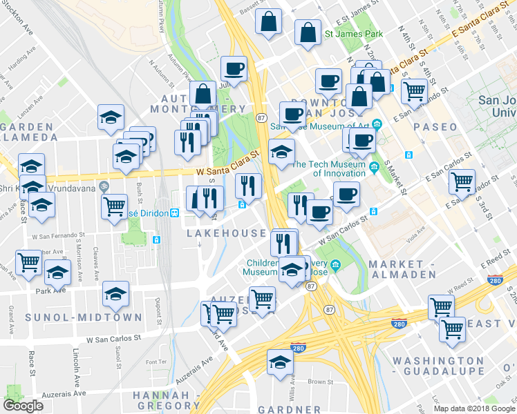 map of restaurants, bars, coffee shops, grocery stores, and more near 82 Delmas Avenue in San Jose