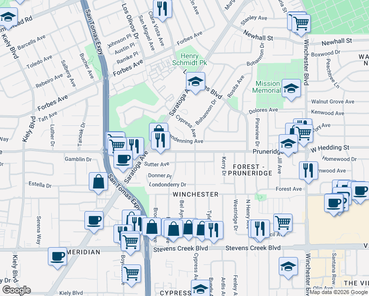 map of restaurants, bars, coffee shops, grocery stores, and more near 2426 Glendenning Avenue in Santa Clara