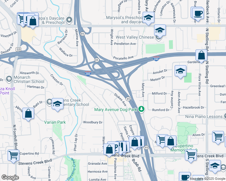 map of restaurants, bars, coffee shops, grocery stores, and more near 10530 Stokes Avenue in Cupertino