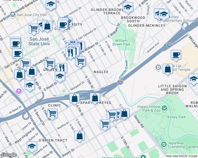 map of restaurants, bars, coffee shops, grocery stores, and more near in San Jose